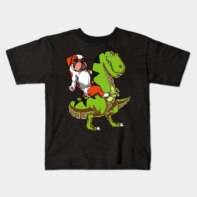 English Bulldog Riding T-Rex Dinosaur Kids T-Shirt by underheaven